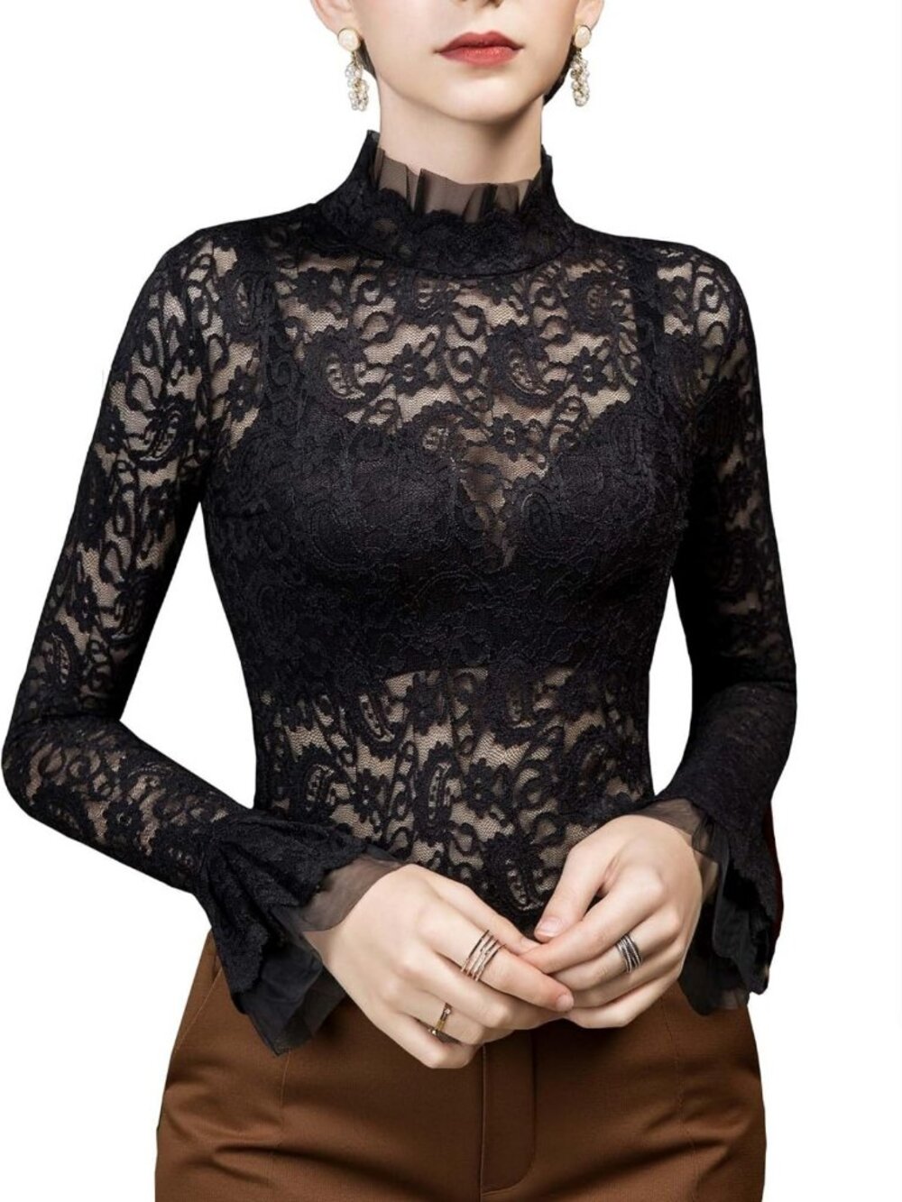 Sheer Lace Long Sleeve Turtleneck Top for Women | Floral Mesh Going Out Blouse